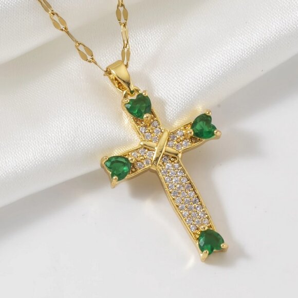 18K Gold Womens 1ct Diamond 2ct Green Emerald Gemstone Cross Necklace Jewelry - Picture 1 of 6